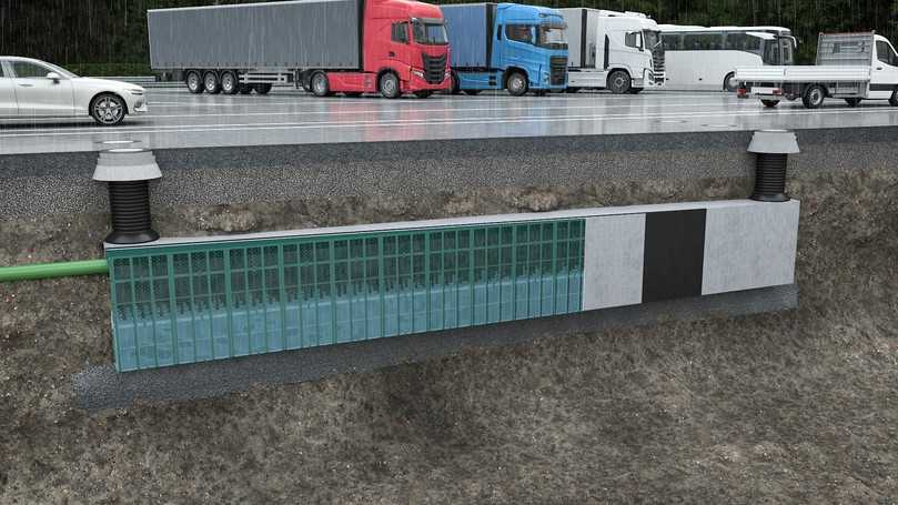 Mit Rigo Collect können unterirdische Regenwasserrückhaltungen gebaut werden. Für solche Speicherbecken werden mit Rigofill inspect Speicherblöcken dichte, unterirdische Kunststoffbehälter erstellt. | Foto: Fränkische