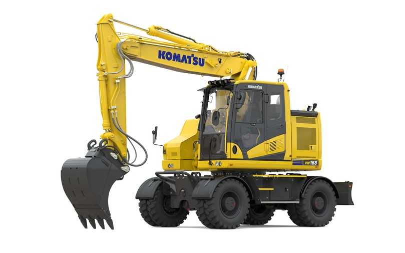 Der Komatsu-Mobilbagger PW168-11 fährt wie sein großer Bruder PW198-11 mit wartungsarmem Komatsu-Dieselpartikelfilter und ab Werk mit umweltfreundlichem HVO-Diesel betankt vor. | Foto: Komatsu Europe Der Komatsu-Mobilbagger PW168-11 fährt wie sein großer Bruder PW198-11 mit wartungsarmem Komatsu-Dieselpartikelfilter und ab Werk mit umweltfreundlichem HVO-Diesel betankt vor. | Foto: Komatsu Europe