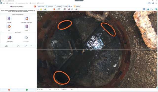 Abb. 8: Ansicht der Software IKAS evolution. Darstellung der vermessenen Zu- und Abläufe (rot) in den Scan-Daten.