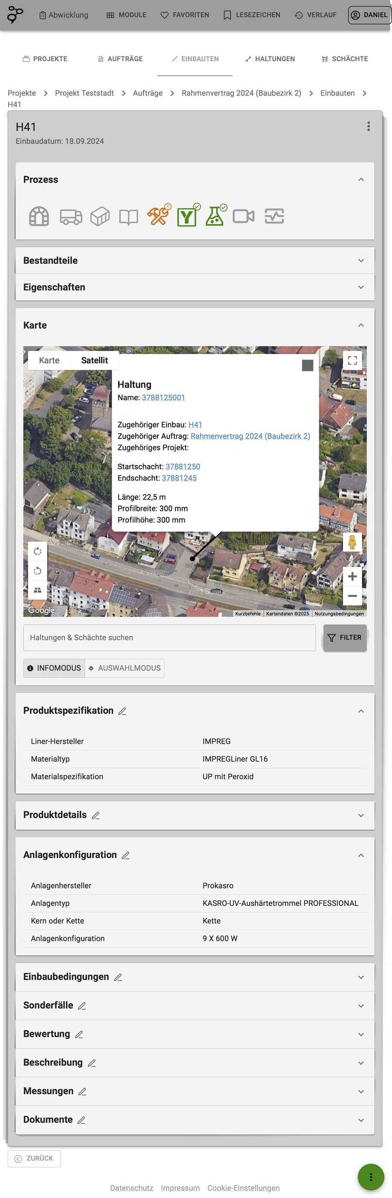 Die Benutzeroberfläche von „Mate“ für einen Einbau. Schnell sichtbar ist das Vorliegen der verschiedenen Informationen und die automatische Prüfung (Farbcodierung). Mit der Integration von Google Maps können Baustellen interaktiv und gemeinsam mit allen Beteiligten online besichtigt/besprochen werden. | Foto: Syscribe