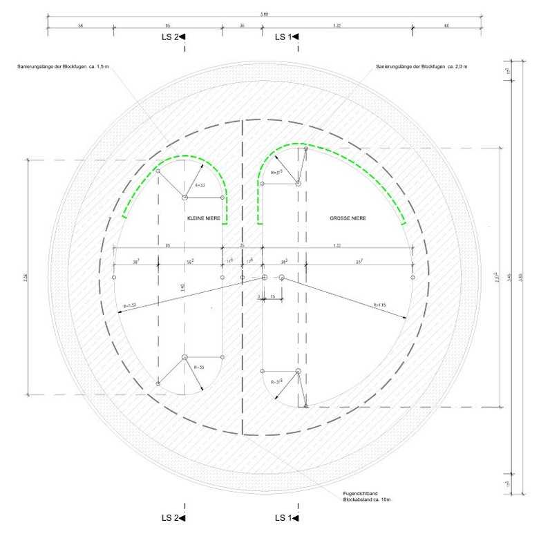 Geometrie der Dükernieren M 1:10. Eine Betontrennwand bildet zwei nierenförmige Abflussquerschnitte mit unterschiedlichen hydraulischen Kapazitäten. Betonabtragung und Instandsetzung im Scheitelbereich grün dargestellt. | Foto: IBAK