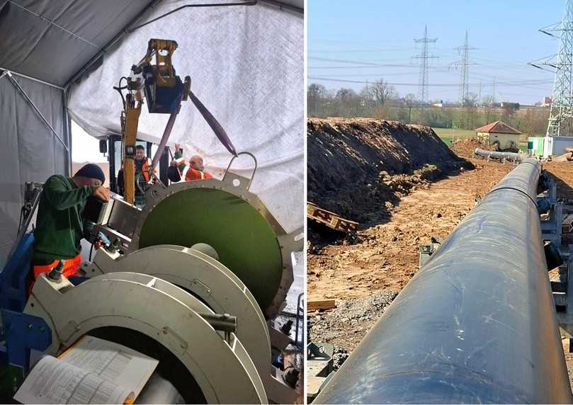 Heizelement-Stumpf-Schweißung – Minibagger als Hebegerät / vorgestreckter Rohrstrang | Foto: Frank GmbH