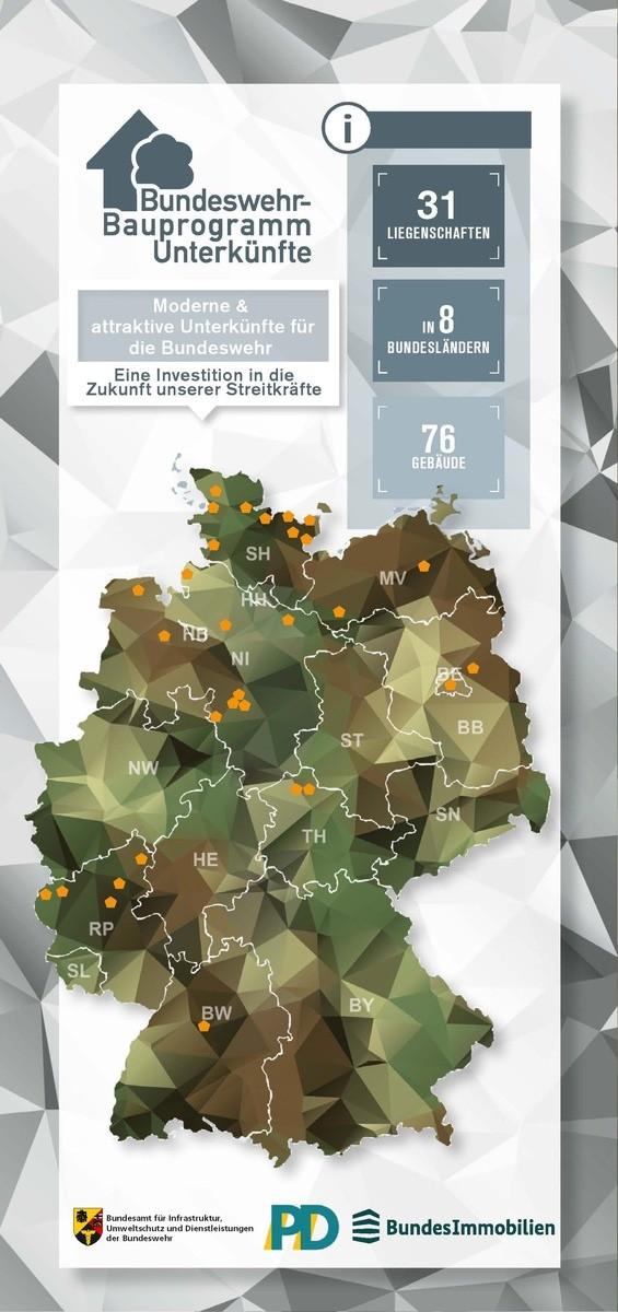 Deutschlandkarte mit den Standorten des Bundeswehr-Bauprogramms Unterkünfte | Foto: BAIUDBw - PIZ IUD