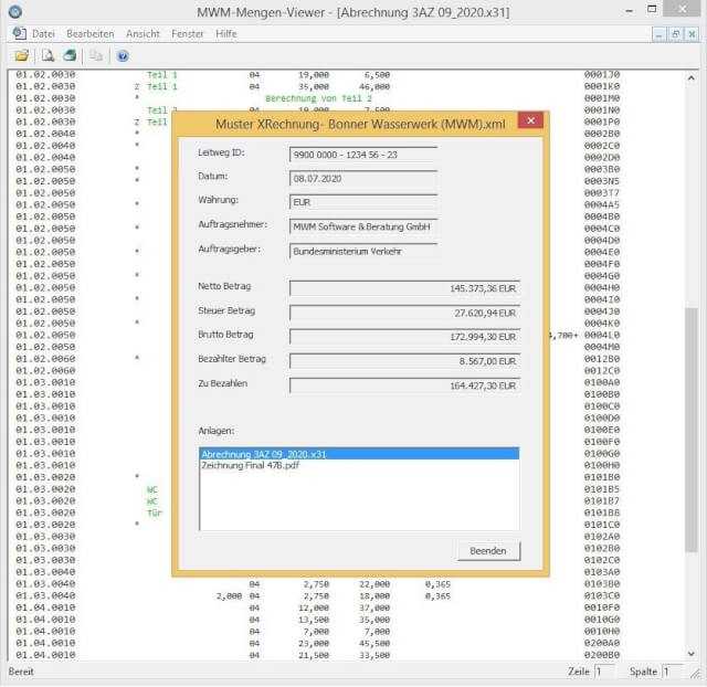 Darstellung einer XRechnung im MWM-Viewer mit Mengenermittlung