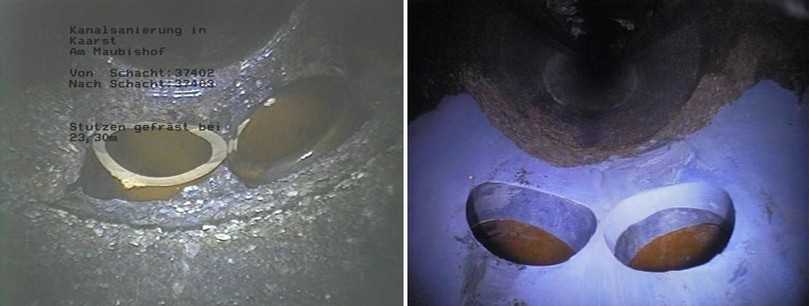 Sanierung Doppelstuzen, Stutzen vorher (l.) und nachher | Foto: Katec Kanaltechnik Müller & Wahl GmbH