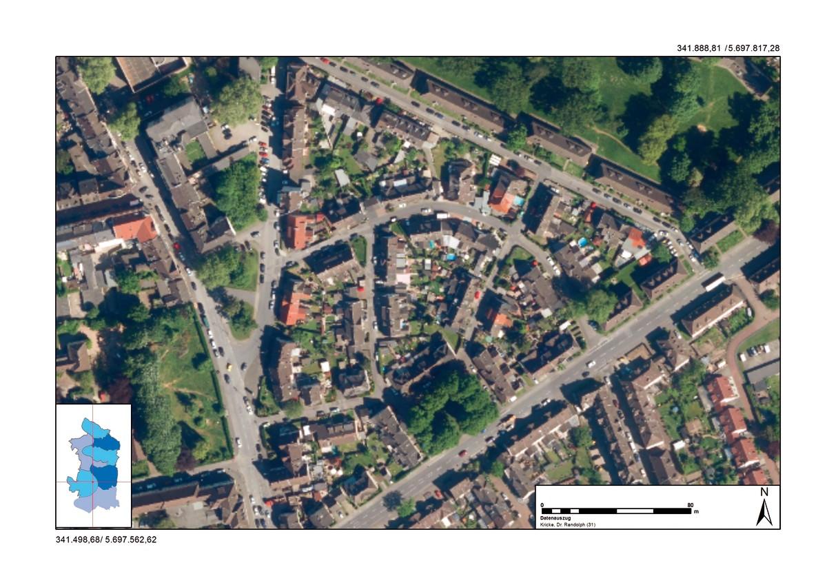 Abb. 2: Luftbildansicht eines Ausschnittes der Margarethensiedlung in Duisburg-Rheinhausen im Jahr 2018. | Foto: Stadt Duisburg