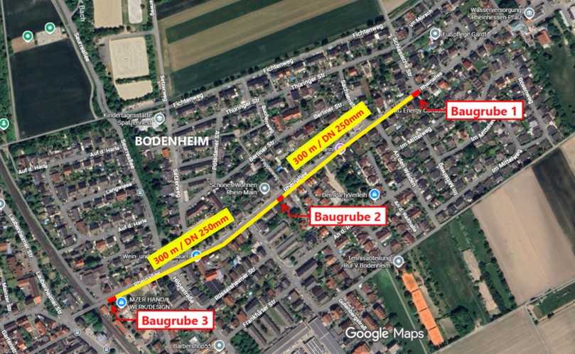 Übersicht der Sanierungsabschnitte in der Rheinallee in Bodenheim: Die Erneuerung der Trinkwasser-Transportleitung erfolgte grabenlos und erforderte nur wenige punktuelle Baugruben entlang der Trasse. | Foto: Swietelsky-Faber Übersicht der Sanierungsabschnitte in der Rheinallee in Bodenheim: Die Erneuerung der Trinkwasser-Transportleitung erfolgte grabenlos und erforderte nur wenige punktuelle Baugruben entlang der Trasse. | Foto: Swietelsky-Faber