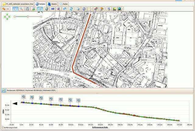 Bildschirmansicht der IKAS evolution Software. Oben: Netzplan mit 2D-Darstellung des inspizierten und vermessenen Teilabschnitts in der Feldstraße (in Rot dargestellt). Unten: Höhenverlauf der rot markierten Leitung. An den sieben blau gekennzeichneten Punkten auf der grünen Linie wurde zusätzlich ein hydrostatisches Höhenprofil aufgenommen, um die Aufzeichnung der z-Koordinate aus der 3D-GeoSense-Messung zu validieren. | Abb.: IBAK