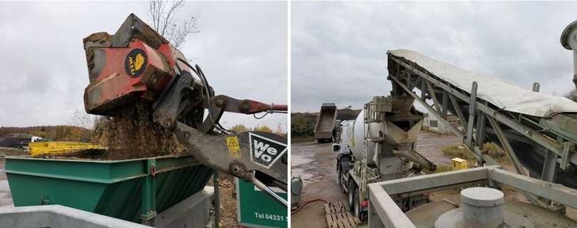 Der Boden gelangt über ein Förderband unter Zugabe von Compound, Zement und Wasser in den Trommelmischer, wo die Vermischung stattfindet. | Foto: B_I/Valdix Der Boden gelangt über ein Förderband unter Zugabe von Compound, Zement und Wasser in den Trommelmischer, wo die Vermischung stattfindet. | Foto: B_I/Valdix