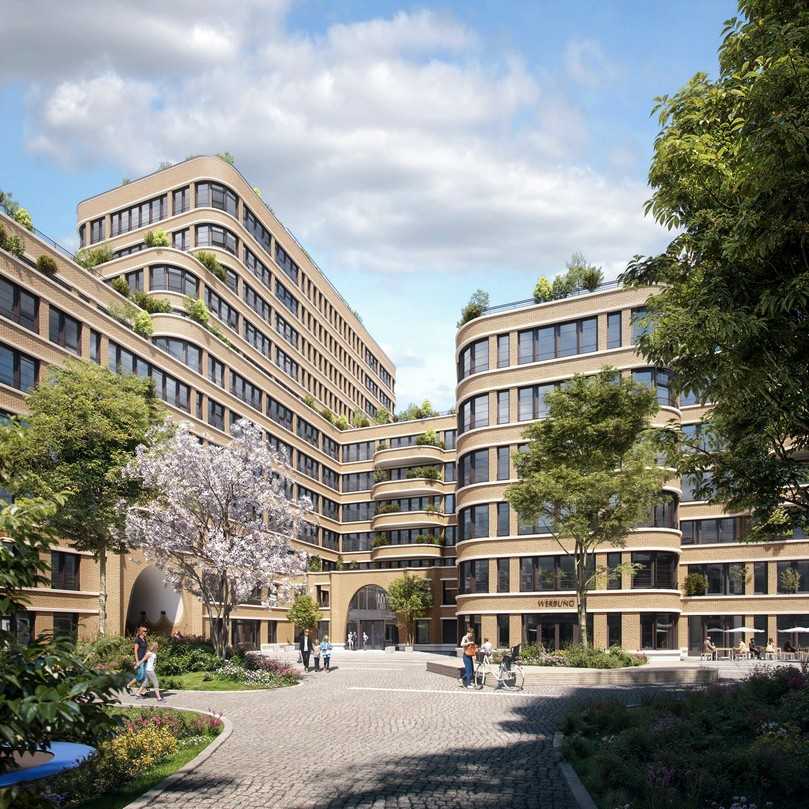 Innenhofansicht des Quartiers B’Ella: Die Bebauung kombiniert Wohnen, Arbeiten und begrünte Aufenthaltsflächen. | Foto: Strabag