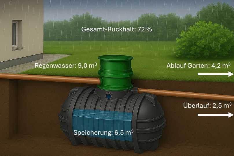 Abb. 6: Wirkung einer Regenwasserzisterne als Rückhaltespeicher bei einem 30-jährlichen Starkregenereignis | Foto: Graf Abb. 6: Wirkung einer Regenwasserzisterne als Rückhaltespeicher bei einem 30-jährlichen Starkregenereignis | Foto: Graf